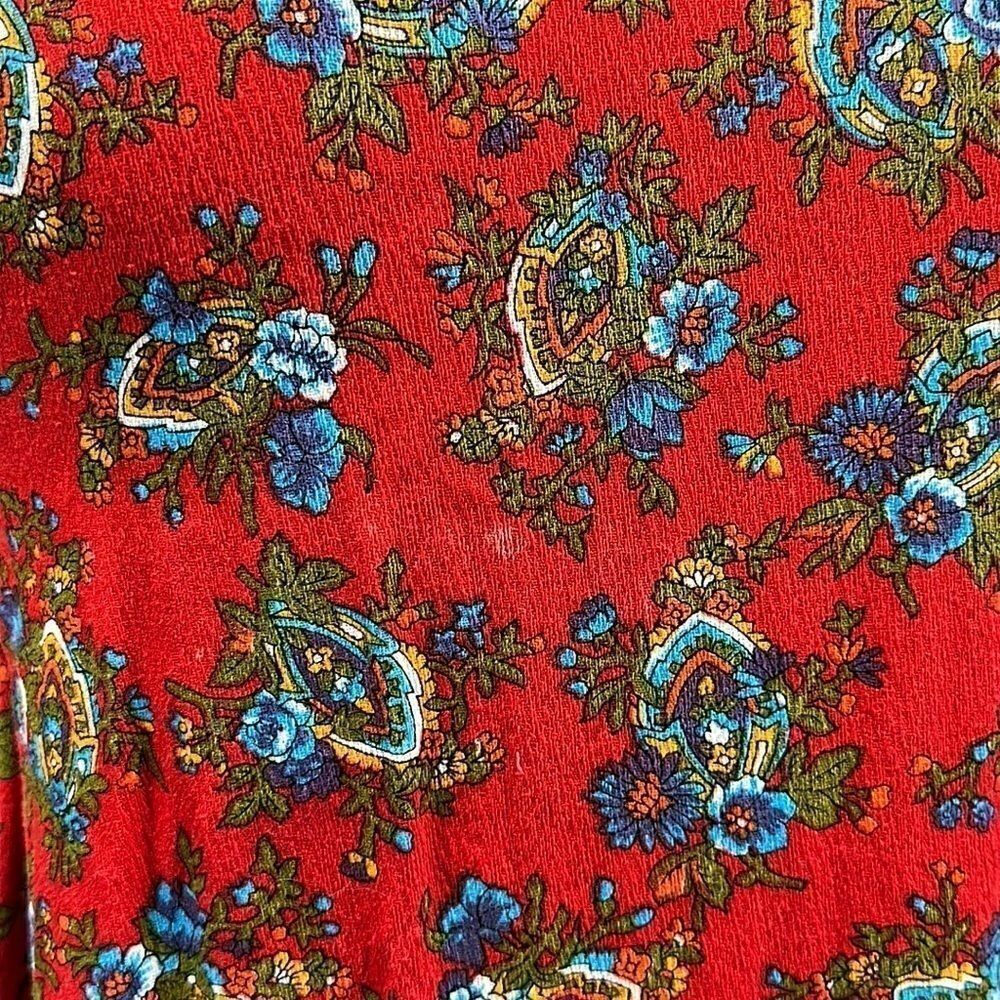 Vintage 1970s Handmade Floral Lace Prairie Maxi Dress Red Ruffle Sleeve Sz S - Picture 12 of 13